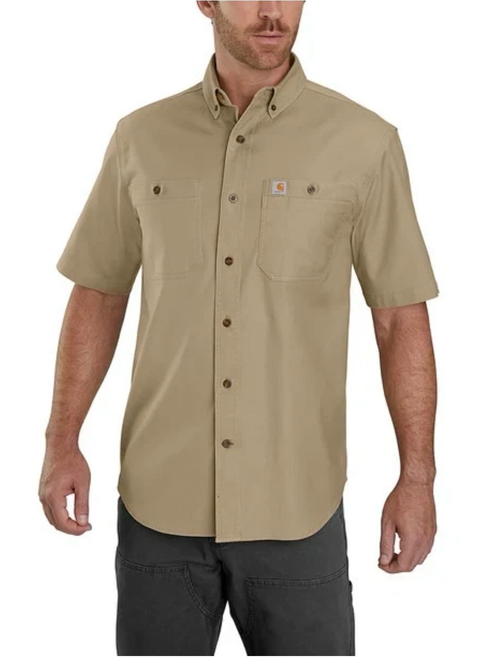 Carhartt Rugged Flex Rigby Mens Work Shirt M Khaki Tan Button Down Short Sleeves